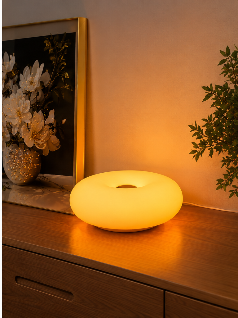 Donut lamp turned on in a room